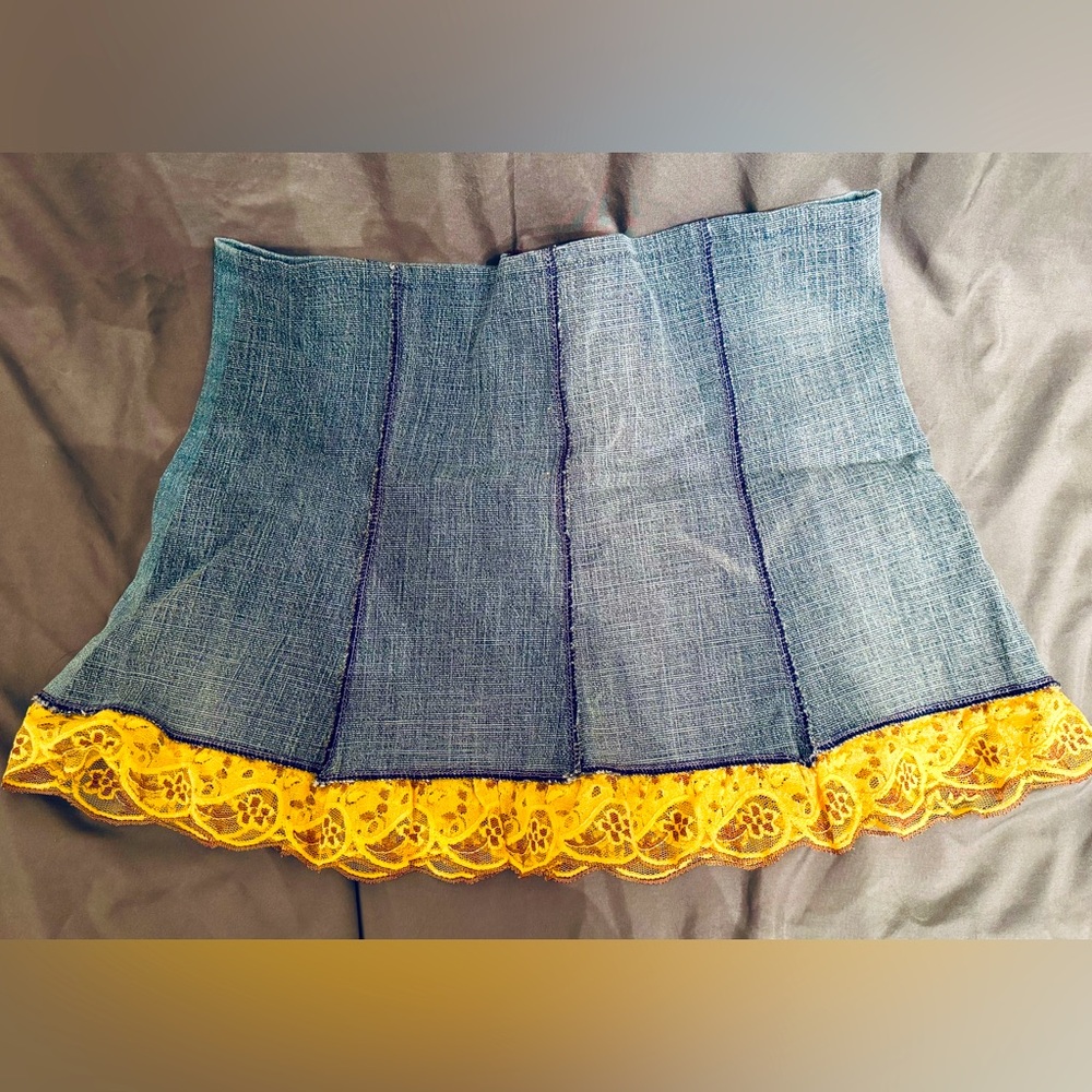 Handmade Up-Cycled Denim Miniskirt with Lace Fringe
